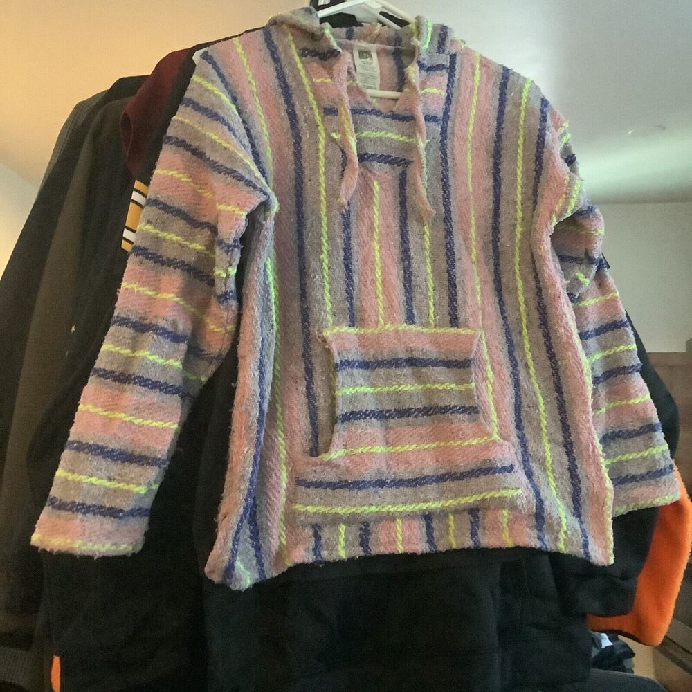 Rare Baja hoodie drug rug size medium acrylic wool pink grey neon green